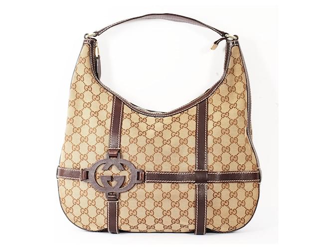 Gucci Hobo Canvas GG Bag Beige Dark brown Leather  ref.1210027