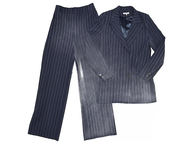 Ensembles blazer et pantalon croisés doublés à rayures bleues Ganni Polyester  ref.1210225