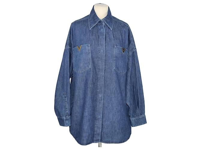 Valentino Chemise en chambray bleue à logo V Coton  ref.1210228