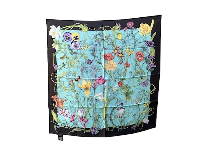 Gucci Schwarzer und türkisfarbener Schal „Flora Infinity Chrissy“ aus Seidentwill Blau  ref.1210429
