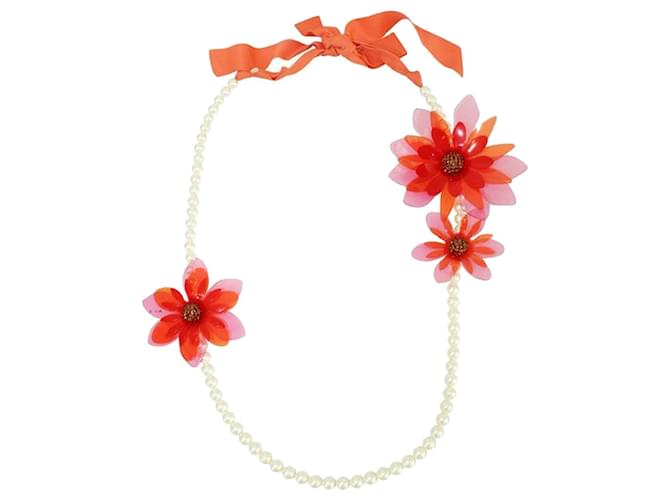Lanvin Orange Necklace with Faux Pearls and Plastic Flowers  ref.1210603