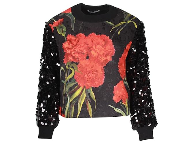 Dolce & Gabbana Blusa negra con estampado floral de jacquard y mangas con lentejuelas Algodón  ref.1210640