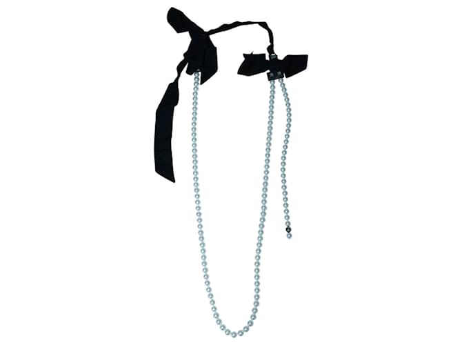 Lanvin Faux Pearls Halskette mit Stoffschleifen Weiß Metall  ref.1210700