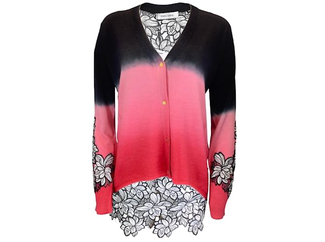 Autre Marque Prabal Gurung Pink / Schwarzer Cardigan-Pullover aus Wolle und Kaschmir mit mehreren floralen Spitzendetails Mehrfarben  ref.1211028
