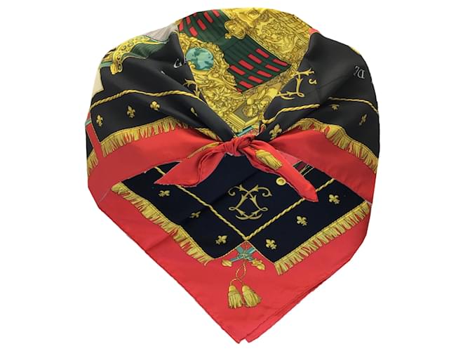 Autre Marque Hermes rosso / Sciarpa quadrata in twill di seta stampata nera Multi La Réale – Vue du Carrosse de la Galère Multicolore  ref.1211043