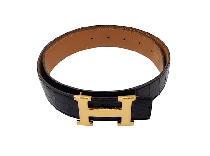 Autre Marque Hermès Vintage 1996 Black / Gold H Patent Alligator Skin Leather Belt Exotic leather  ref.1211045