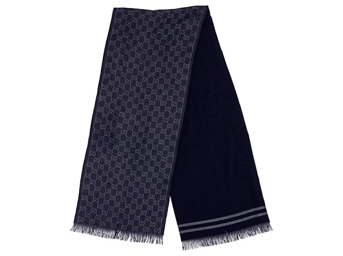 Gucci Fringed Logo Scarf in Navy Blue Cotton  ref.1211688
