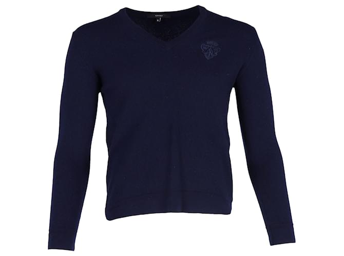 Pullover mit V-Ausschnitt und Gucci-Badge aus marineblauer Wolle Baumwolle  ref.1211706