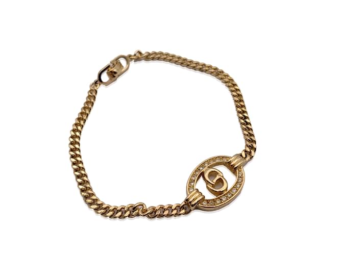 Christian Dior Bracelet chaîne avec logo en cristaux de CD en métal doré vintage  ref.1211727