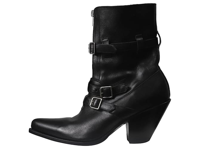 Céline Botas pretas estilo motociclista com bico fino - tamanho UE 38 Preto Couro  ref.1211742