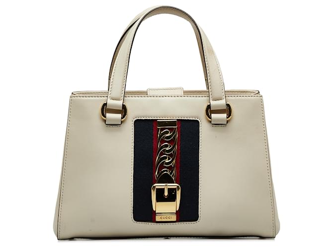 Bolso satchel Gucci blanco Sylvie con asa superior y tribanda Cuero Becerro  ref.1211868