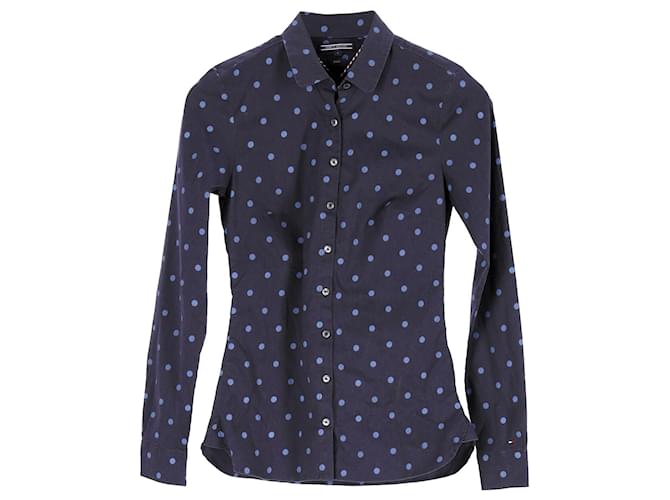 Tommy Hilfiger Camisa feminina de manga comprida justa tecida Azul marinho Algodão  ref.1211939