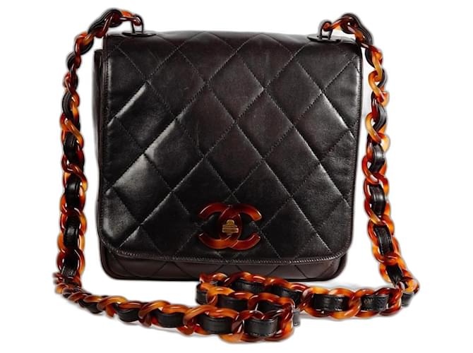 Rare Chanel 94/96 VINTAGE TORTOISE CHAIN DARK BROWN SQUARE CLASSIC FLAP BAG Leather  ref.1211968