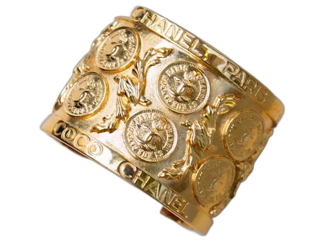 Vintage 1970’s Chanel 24K Gold Plated Metal Coin CC Logos Cuff Bangle Bracelet Gold hardware Gold-plated  ref.1211972