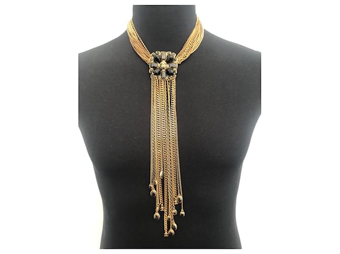 Rare Chanel 11P Runway CC Gripoix Gold Metal Extra Long Chain conditionment Necklace Black Golden Ceramic  ref.1211976