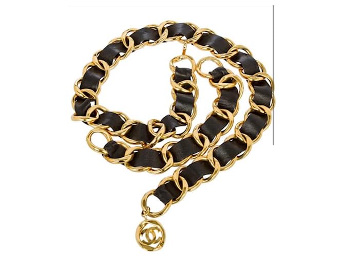 Vintage Chanel 93P Runway 24K Gold Plated & Leather Thick Chain Link Belt/Necklace Black Gold hardware  ref.1211979