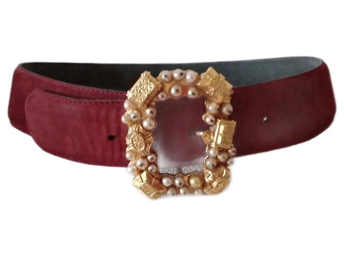 Cinturón Chantal Thomass de Nubuck Rojo Oscuro con Perlas Burdeos