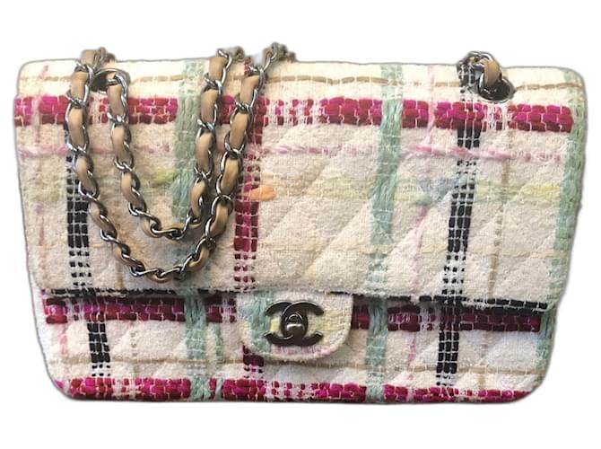 Chanel 04P Multicolor CC Classic Timeless Tweed Medium lined Flap Bag with Ruthenium Hardware White Multiple colors Beige Leather  ref.1212419