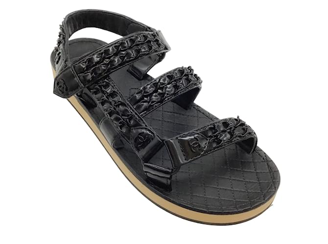 Autre Marque Chanel Black Patent Leather Chain Embellished Sandals  ref.1212674