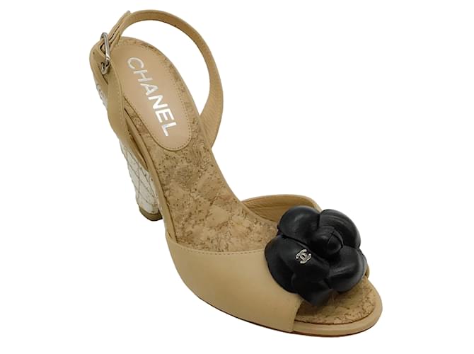 Autre Marque Chanel Beige Peep Toe Wedges With Black Camellia Leather  ref.1212680
