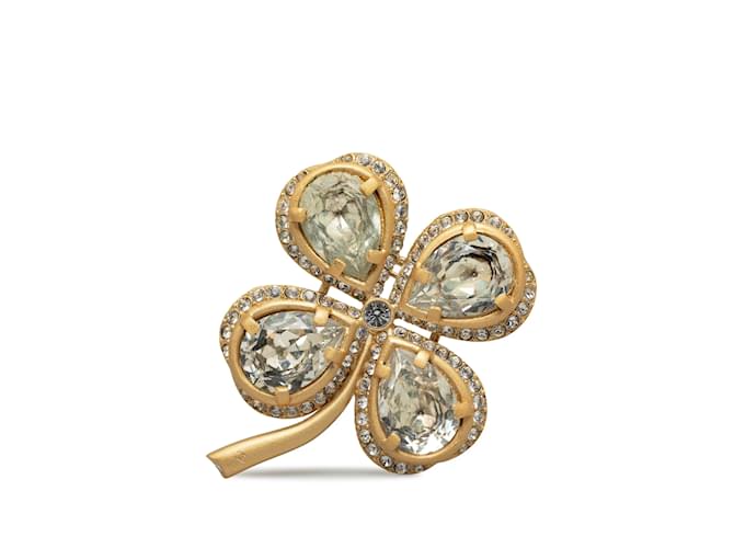 Gold Chanel Clover Rhinestone Brooch Golden  ref.1212738