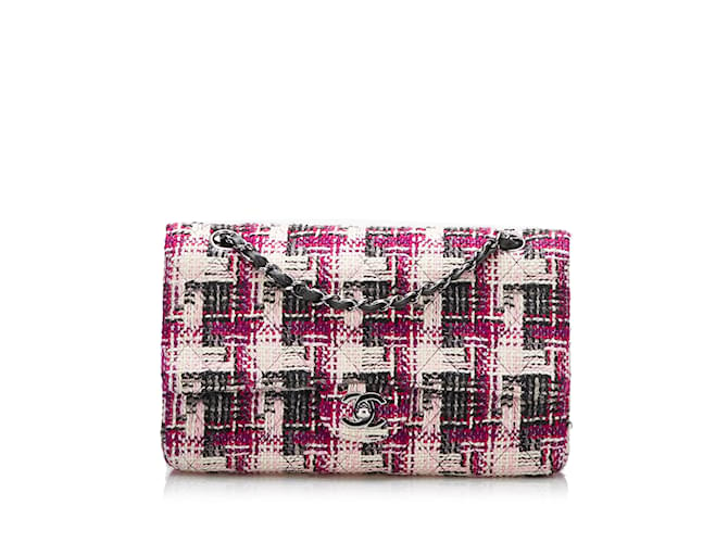 Bolso de hombro con solapa y forro de tweed clásico mediano de Chanel rosa Cuero  ref.1212766