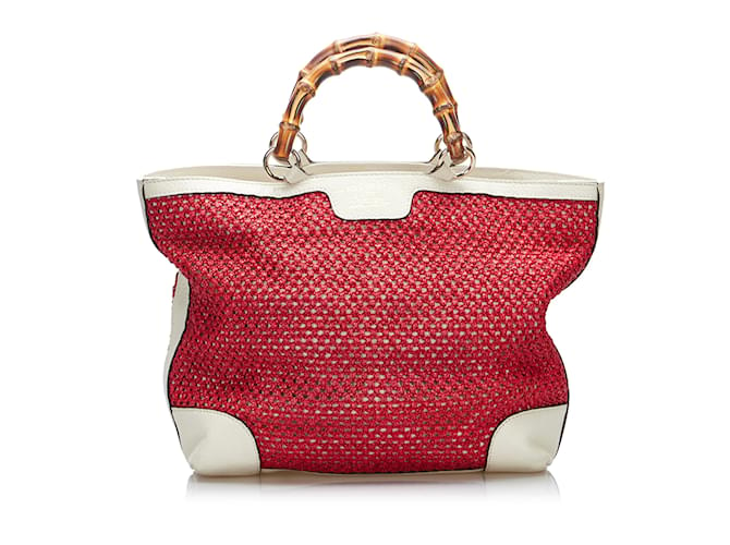 Rote Gucci mittelgroße Shopper-Tasche aus Raffiabast-Bambus Leder  ref.1212778