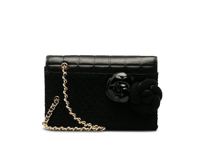Black Chanel Tweed Chocolate Bar Camellia Clutch Leather  ref.1212913