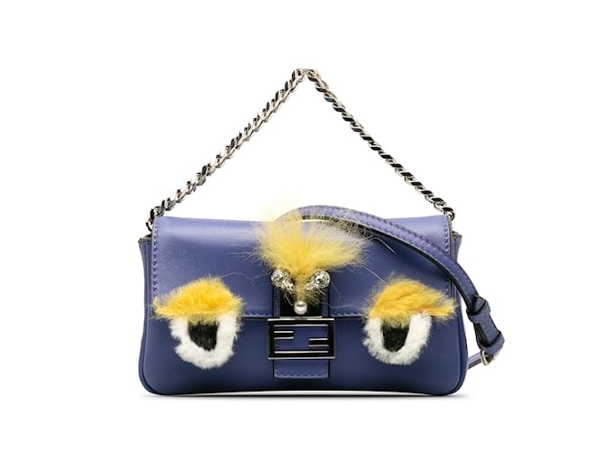 Bolso satchel baguette Fendi Micro Monster azul Cuero  ref.1212926