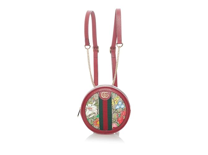 Red Gucci GG Supreme Flora Ophidia Round Backpack Leather  ref.1213003
