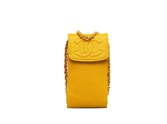 Bolsa Chanel CC Caviar Phone Crossbody Amarela Amarelo Couro  ref.1213054