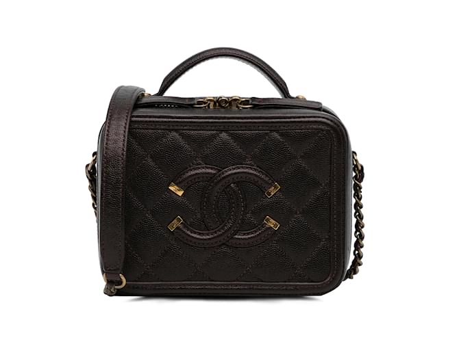 Vanity Bolso satchel Chanel pequeño con filigrana de caviar marrón Castaño Cuero  ref.1213095