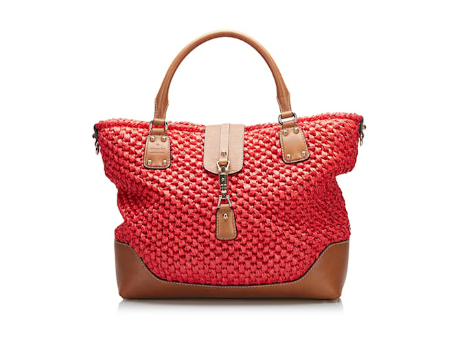 Red Gucci New Jackie Wicker Tote Bag Leather  ref.1213164
