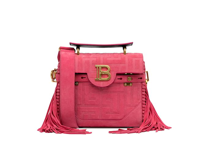 Pink Balmain Fringed Embossed Suede B-Buzz 23 Handle Bag Satchel Leather  ref.1213193