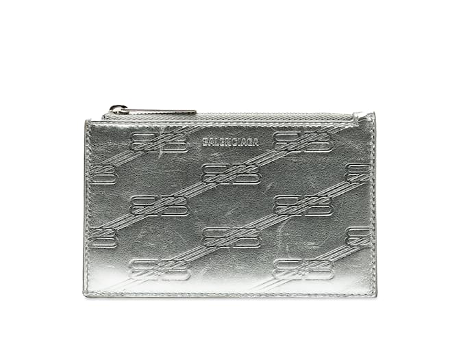 Silver Balenciaga BB Monogram Leather Card Case Silvery  ref.1213408
