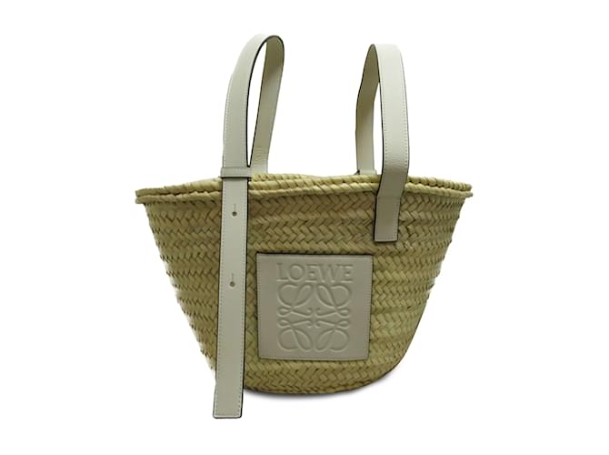 Beige Loewe Medium Raffia Basket Tote Leather  ref.1213487