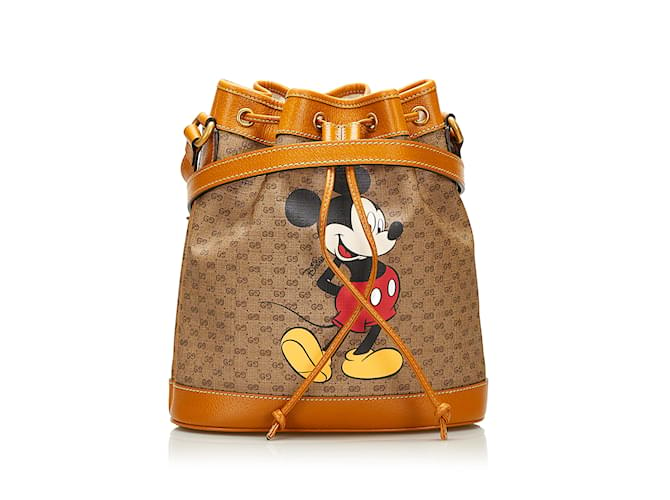Brown Gucci Mini GG Supreme Mickey Mouse Bucket Bag Leather  ref.1213565