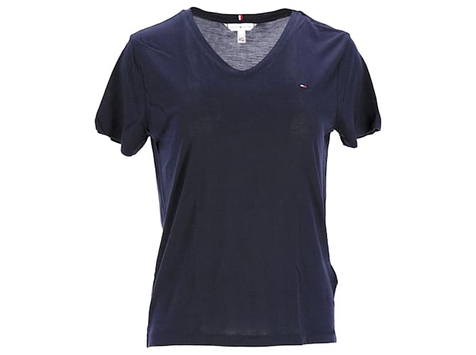 Tommy Hilfiger Damen-T-Shirt mit entspannter Passform und V-Ausschnitt Marineblau Lyocell  ref.1213729