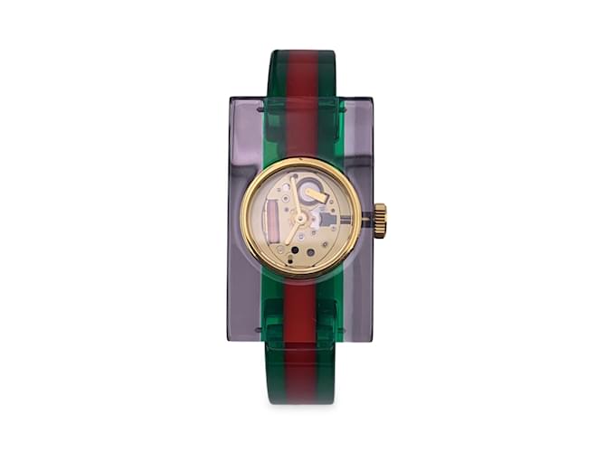 Gucci Red Green Striped Plexi Web Watch 143.5 Skeleton Dial  ref.1213743