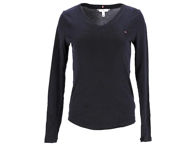 Tommy Hilfiger T-shirt da donna a maniche lunghe slim fit con scollo a V Blu navy Cotone  ref.1213745