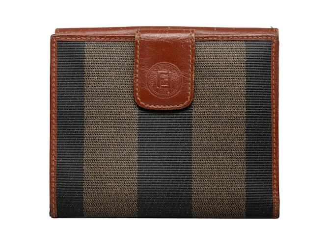 Fendi Portafoglio bifold a righe Pequin Marrone Tela  ref.1213780