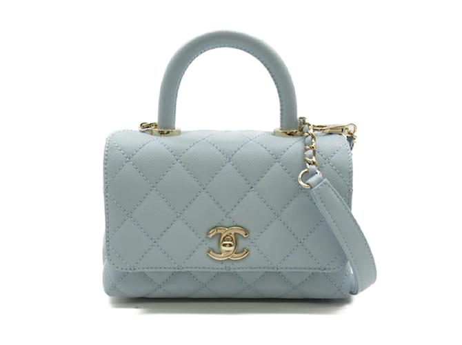 Chanel Bolsa com aba com alça pequena acolchoada CC Caviar AS2215 Azul Couro  ref.1213887