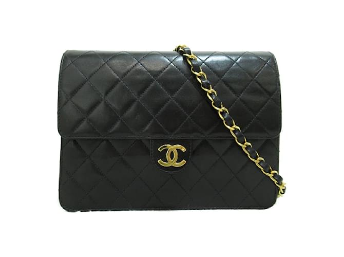 Chanel Mittelgroße klassische Tasche mit einer Klappe Schwarz Leder Lammfell  ref.1213985
