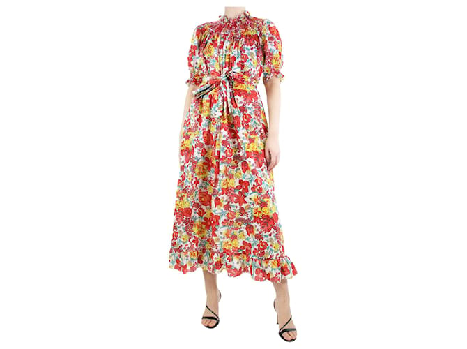 Autre Marque Red belted floral dress - size UK 8 Cotton  ref.1214023