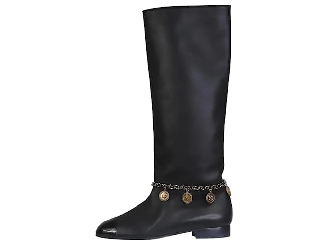 Chanel Stivali alti al ginocchio neri con ciondoli CC - taglia EU 37 Nero Pelle  ref.1214037