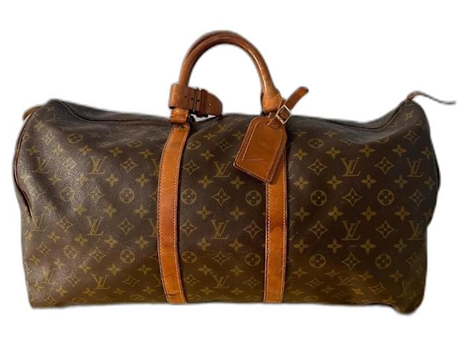 Keepall travel bag 55 Louis Vuitton Brown Leather Cloth  ref.1214171