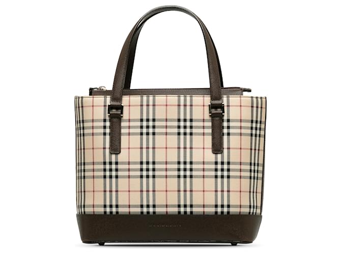 Burberry Brown House Check Handbag Beige Leather Cloth Pony-style calfskin Cloth  ref.1214209