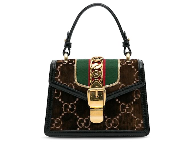 Bolso satchel Sylvie de terciopelo mini GG marrón de Gucci Castaño Marrón oscuro Cuero Becerro Paño  ref.1214210