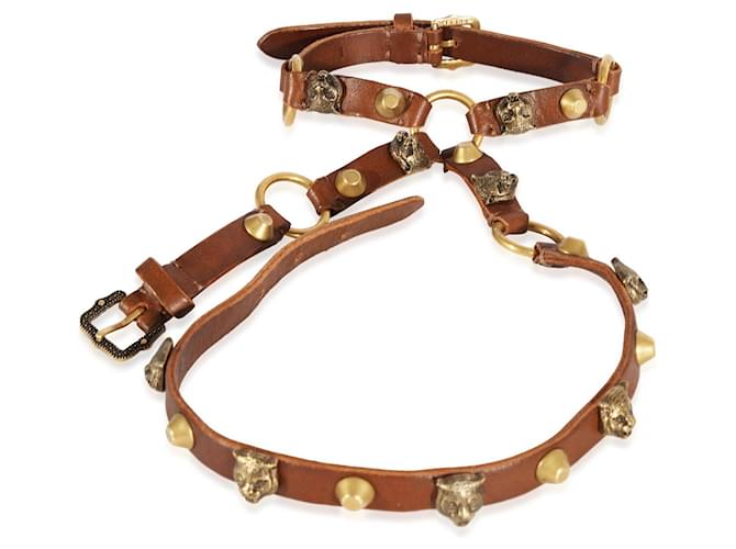 Goldfarbenes Gucci-Wickelarmband mit Katzenkopf und Palme mit Dornschließe aus braunem Leder Metallisch  ref.1214252