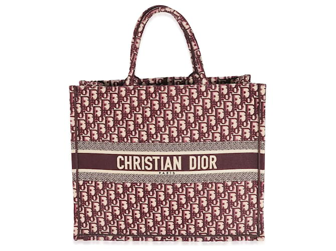Christian Dior Tote tipo libro grande de lona oblicua en color burdeos Roja Lienzo  ref.1214324